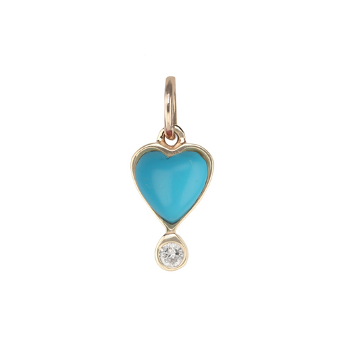 ZAHAVA~ Turquoise and Diamond Heart Charm~ 10K Yellow Gold- showing the  front view- a heart-shaped Sleeping Beauty Turquoise stone, with a small diamond bezel.