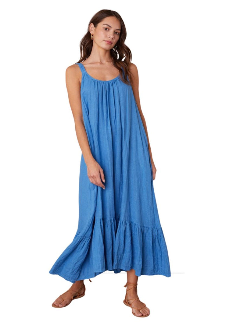 Elara Woven Linen Scoop neck Dress in Cortez Blue front view